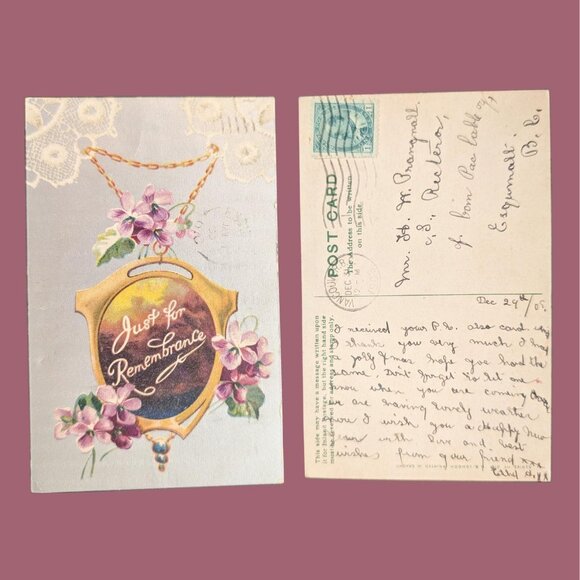 Vintage postmarked 1906 Postcard Art Nouveau Violet Locket - Picture 1 of 2